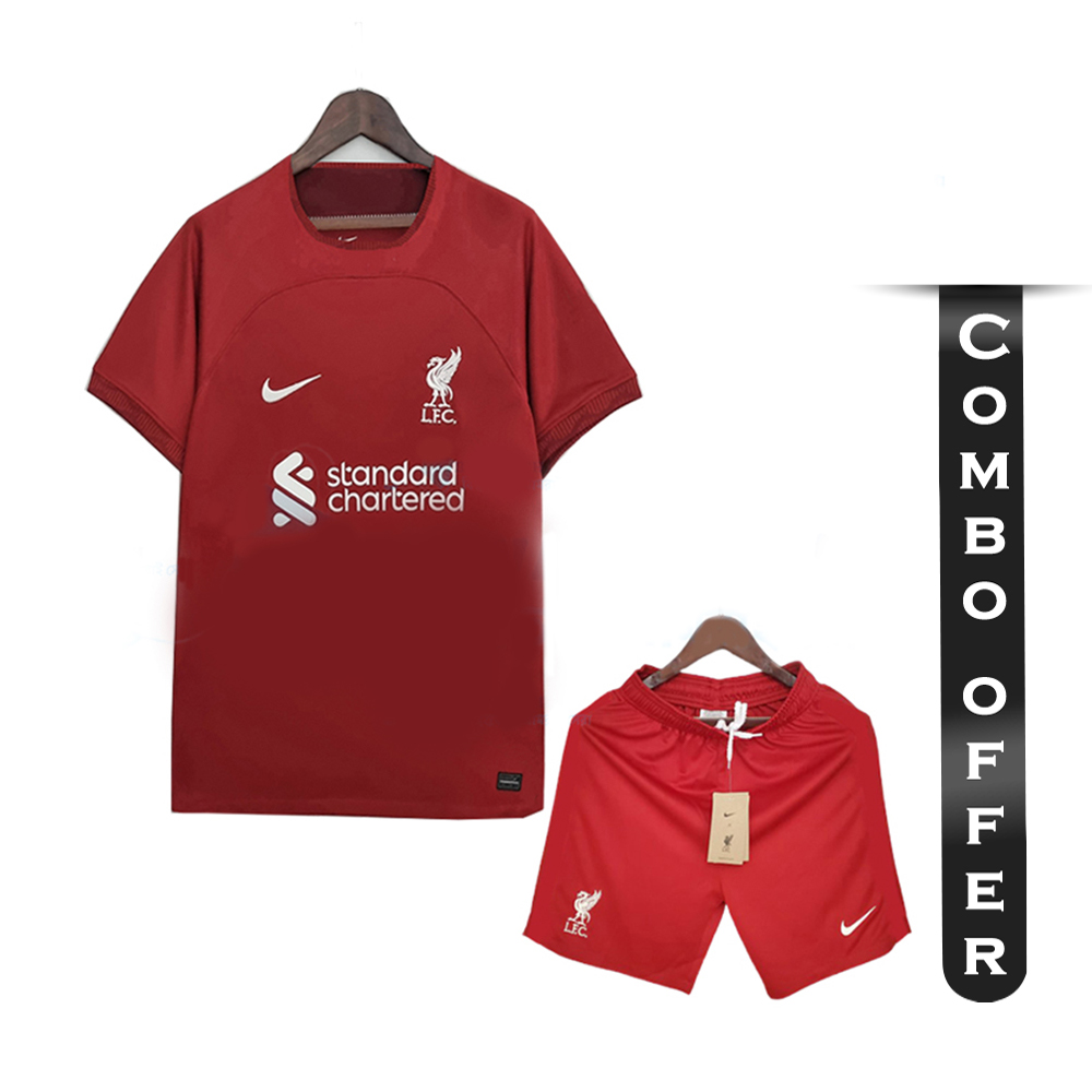 Combo of Liverpool Mesh Cotton Short Sleeve Home Jersey and Short Pant - Red - Liverpool H2