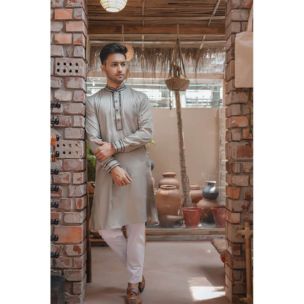 Cotton Embroidery Panjabi for Men - Light Olive - AA-ELO