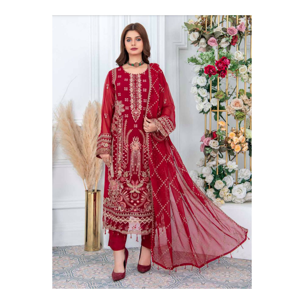 Semi-stitched Chiffon Party Dress for Women - Maroon - HP-3PP-301 (1 Pc Ring Free)