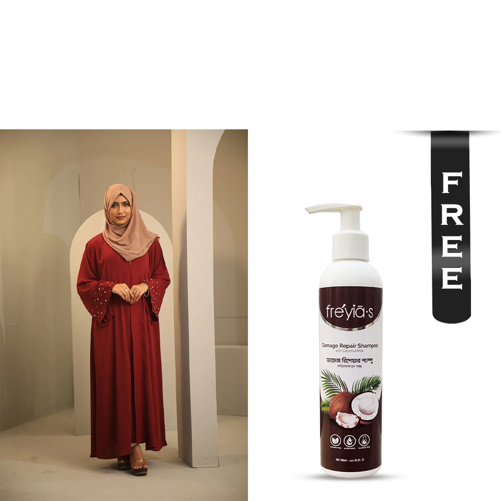 Buy Hiba Cherry Georgette Abaya for Women - 0224 000262 - Maroon and Get Freyias Damage Repair Shampoo with Coconut Milk - 220ml Free