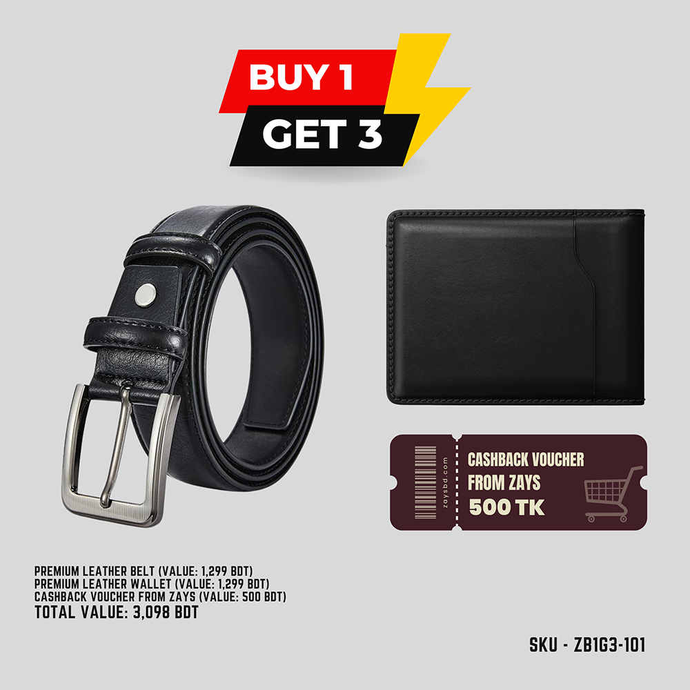 Special B1G3 Offer Buy a Premium Leather Belt and Get a Free Leather Wallet - 500 BDT Cashback Voucher from ZAYS - Limited Time Deal - ZB1G3-101 - Black