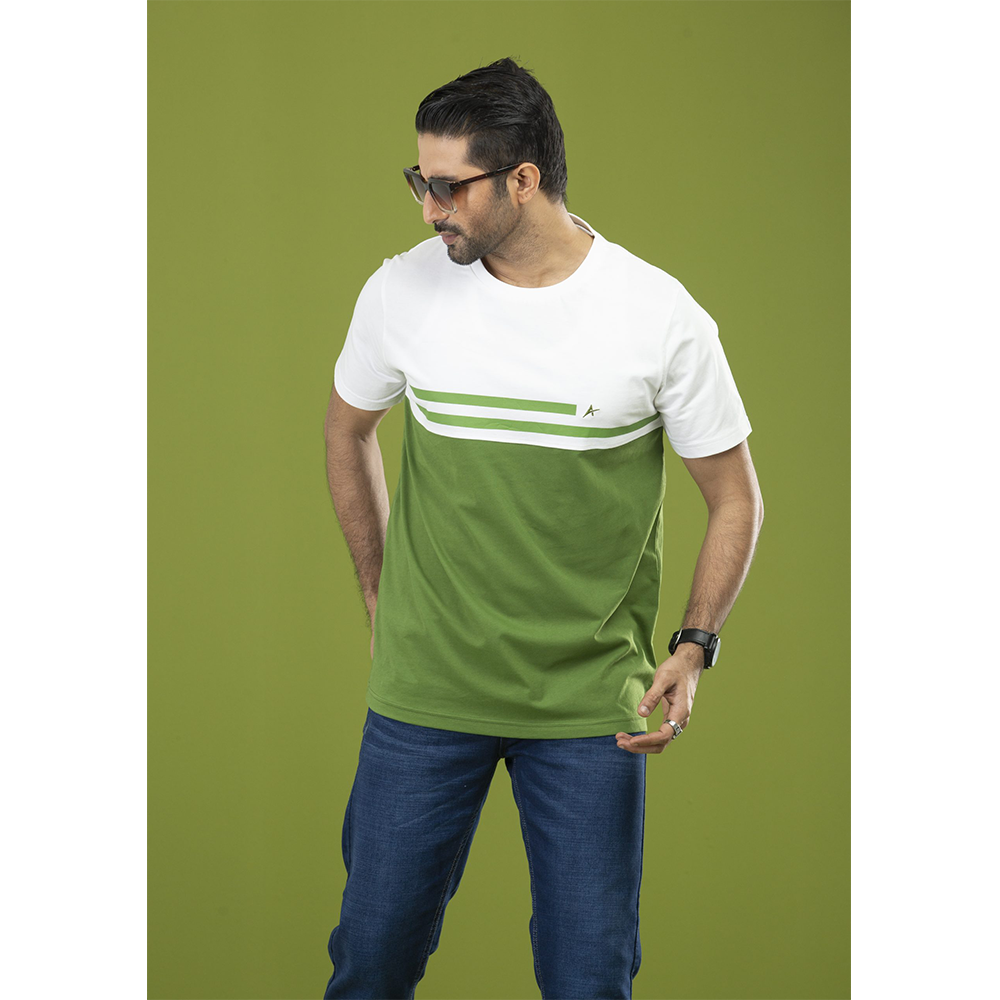 Cotton Round Neck T-Shirt for Men - White And Green - RN-09