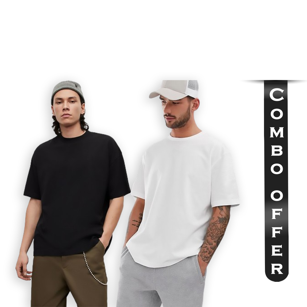 Combo Offer Of 2 Pcs Cotton Drop Shoulder T-Shirt for Men - Black and White