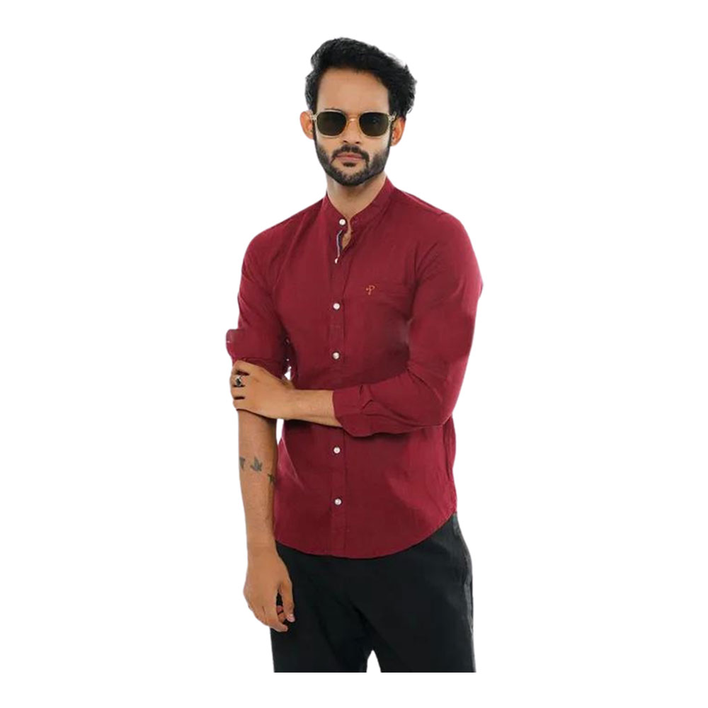 Cotton Casual Band Collar Shirt For Men - Maroon