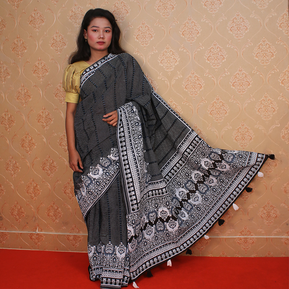 Cotton Half Silk Hand Printed Saree For Women - Black and White - Single _ 13