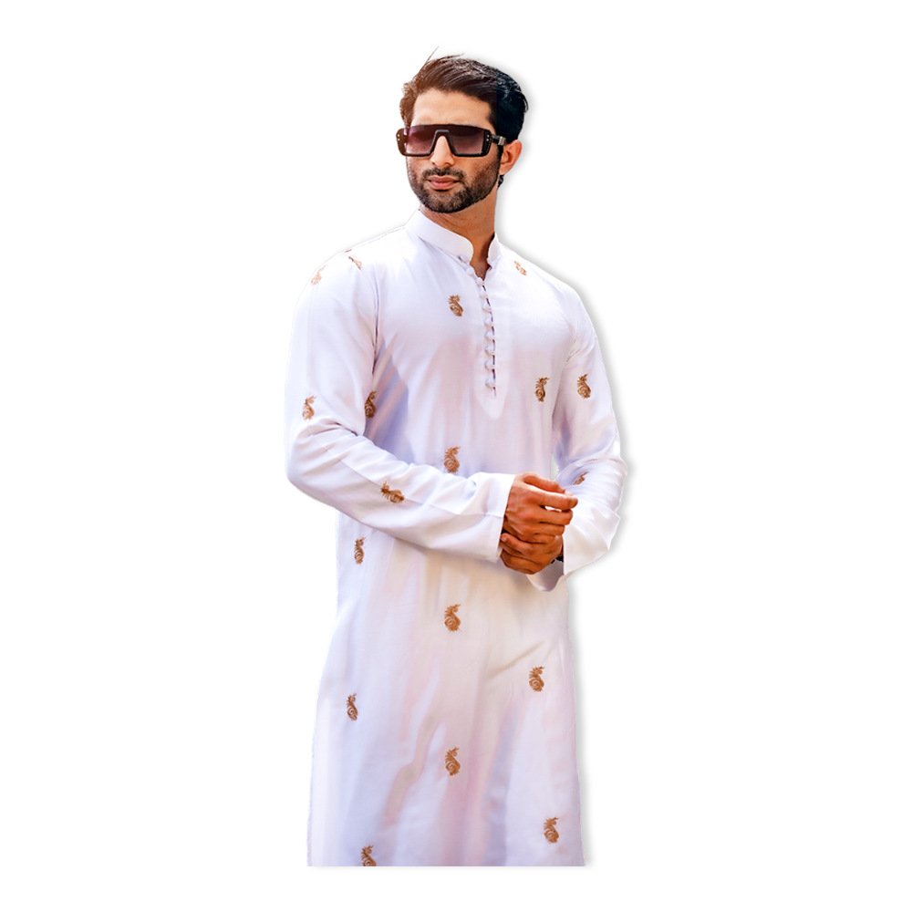 Aman Cotton Embroidery Panjabi For Men - White - AP-40