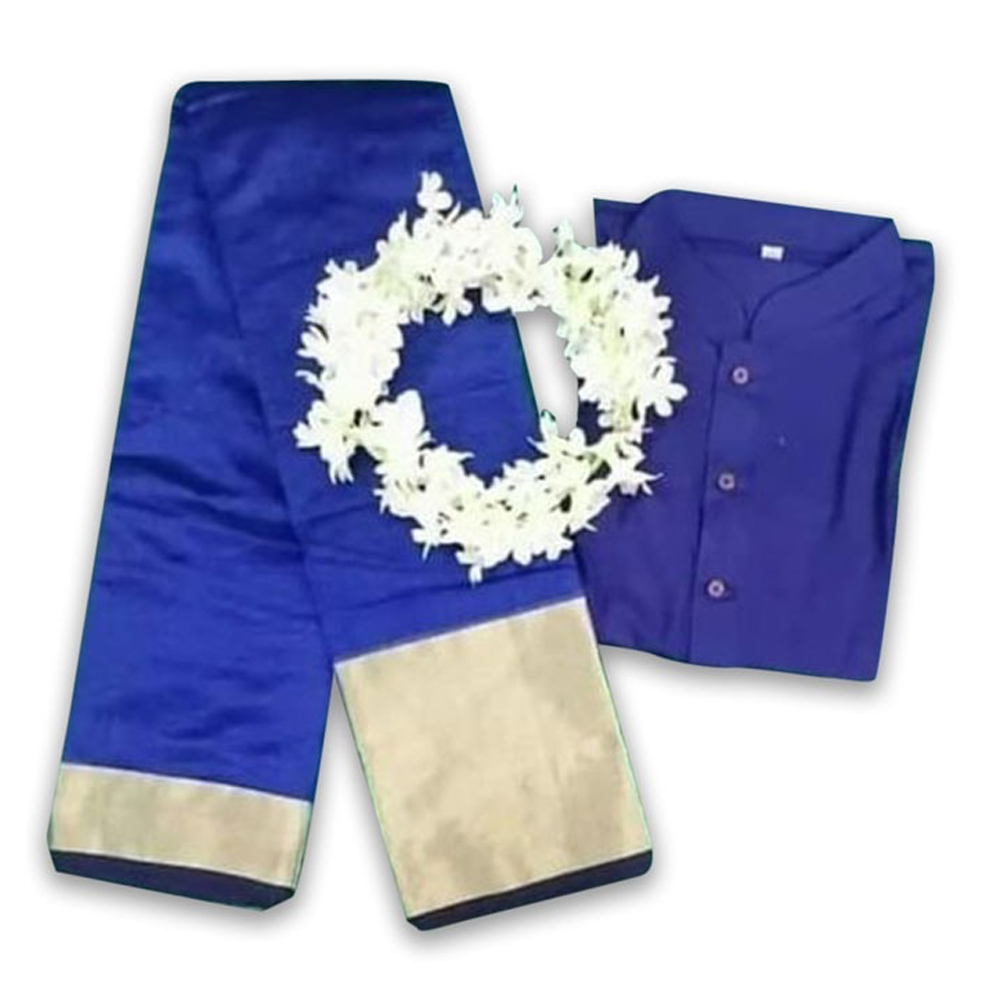 Half Silk Saree and Dupion Silk Panjabi with Gajra Couple Set - Blue