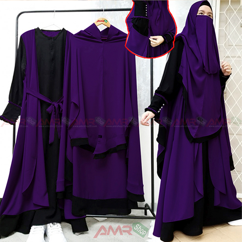 Dubai Cherry Indonesia Hijab and Niqab Burkha Set for Women - Purple - B_446