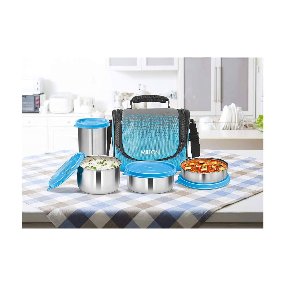 Milton Tasty Lunch 3 Comb Stainless Steel Lunch Pack With Bag 4 Containers Lunch Box - Blue