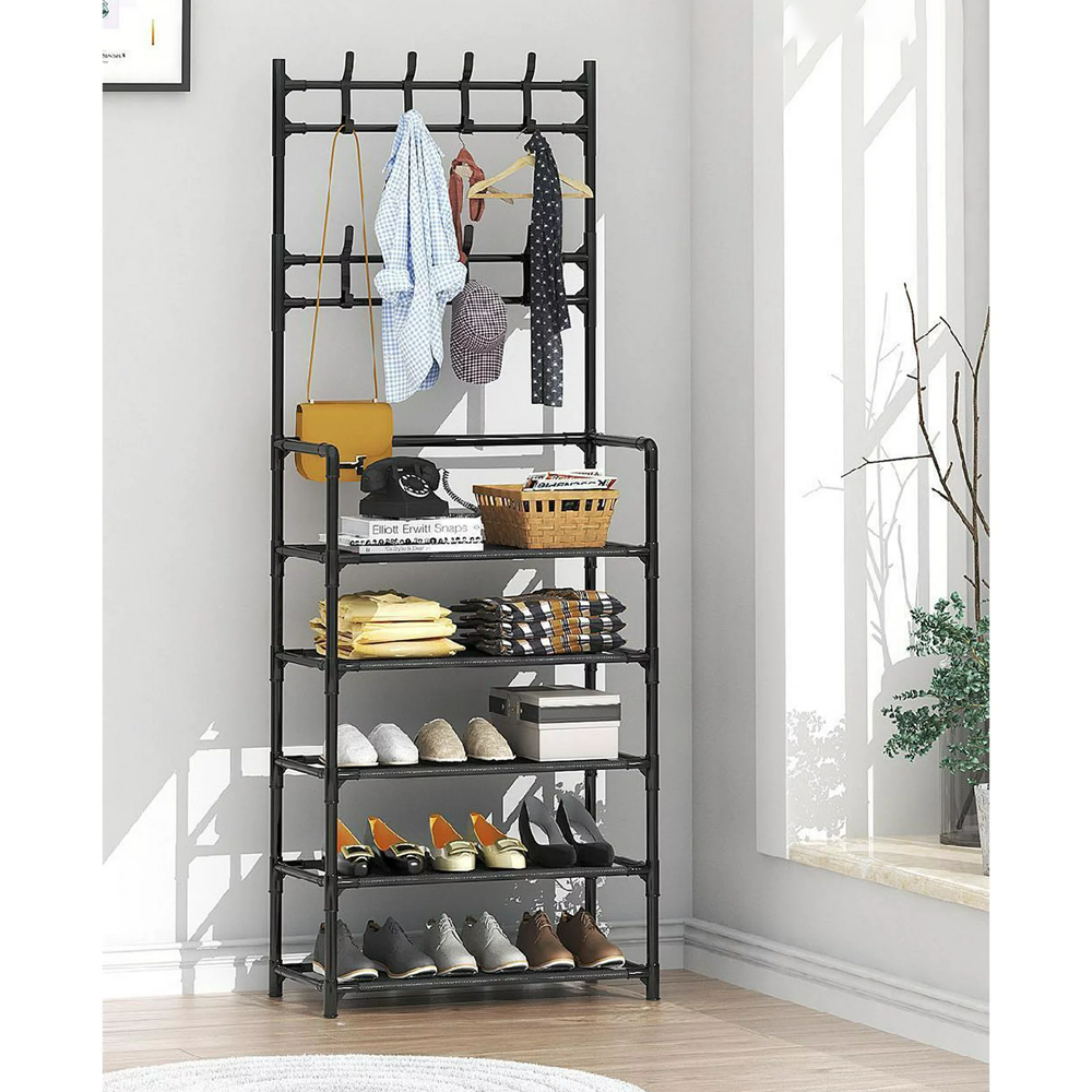 Aluminum 5 Tier Shelf 8 Hooks Multifunctional Storage Rack - Black