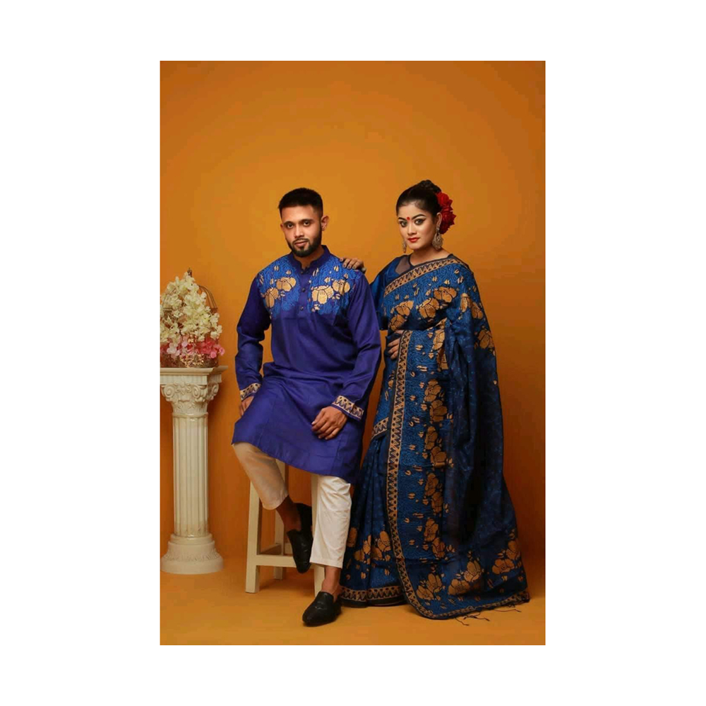 Gorgeous Half Silk Saree and Dhupian Cotton Panjabi For Couple Set - BAN057