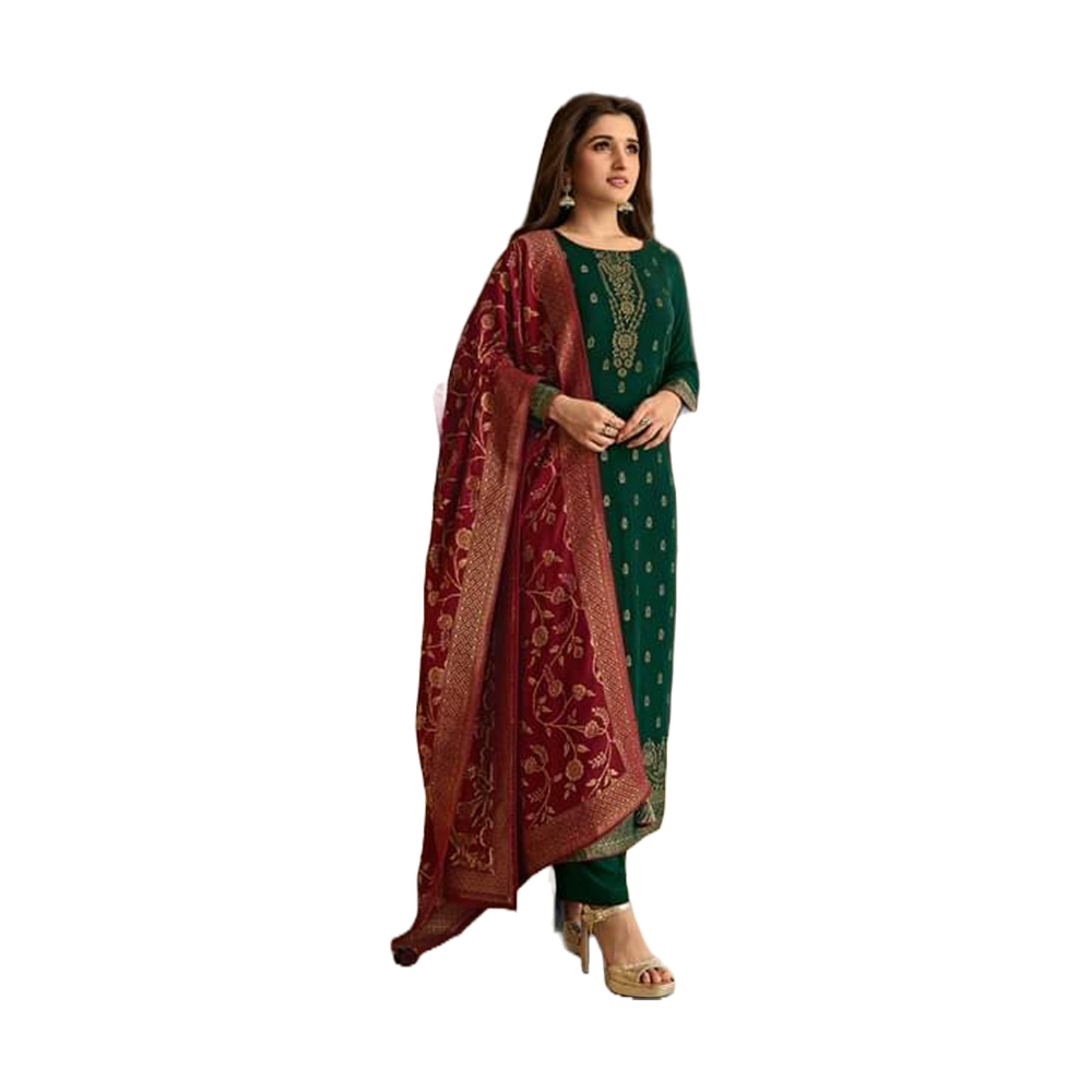 Three Pcs For Women Georgette and Butter Silk - Red and Green