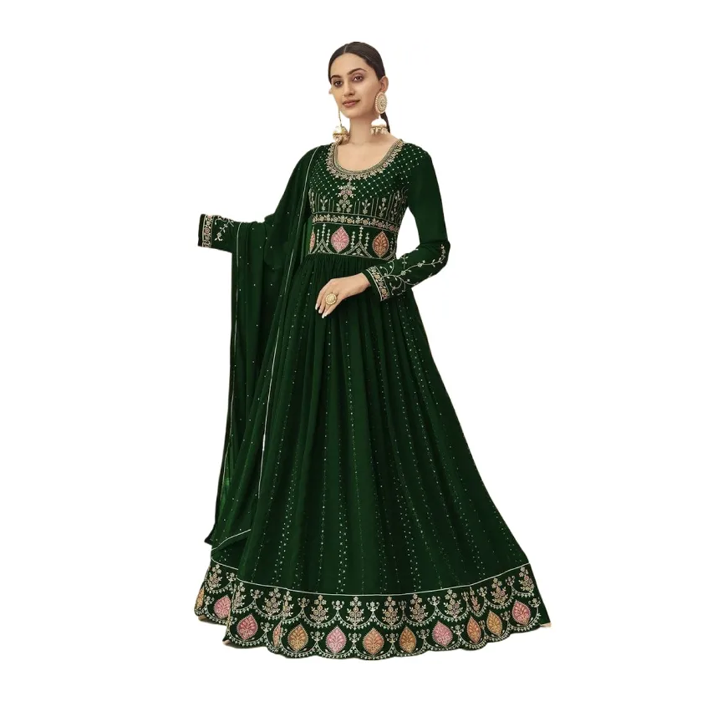 Georgette Embroidery Party Long Gown For Women - Green