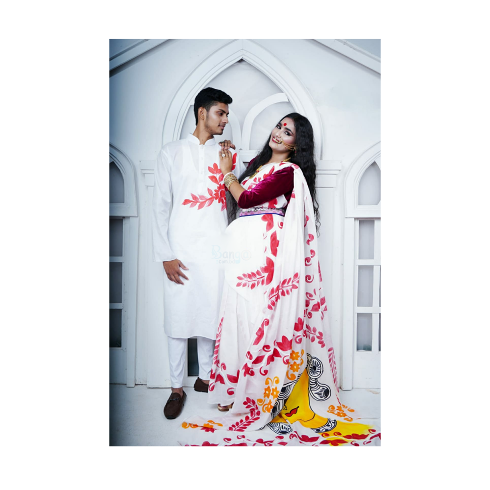 Hand Printed Half Silk Saree and Dhupian Silk Panjabi For Couple Set - BAN104