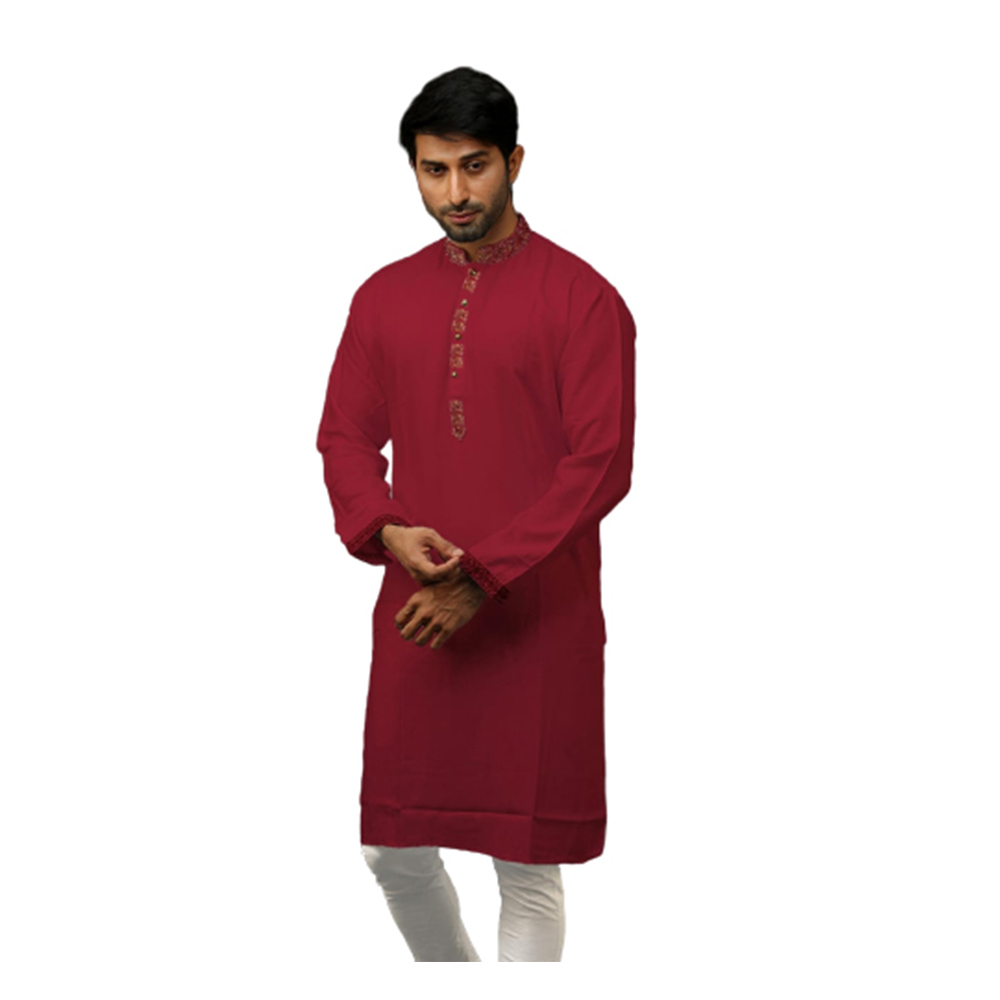 Cotton Digital Print Semi Long Embroidery Panjabi For Men - Red - PS-13