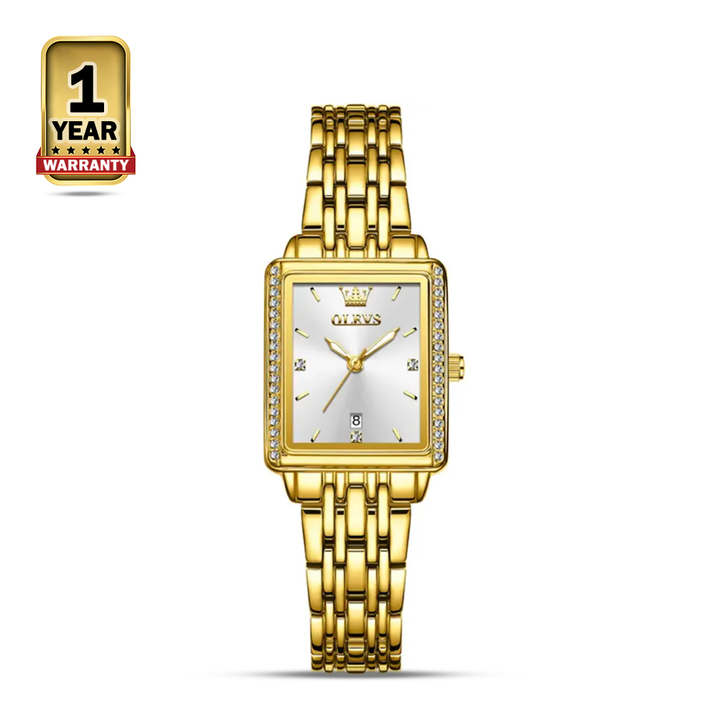 OLEVS 9995 Luxury Diamond Square Quartz Watch For Women - Golden White
