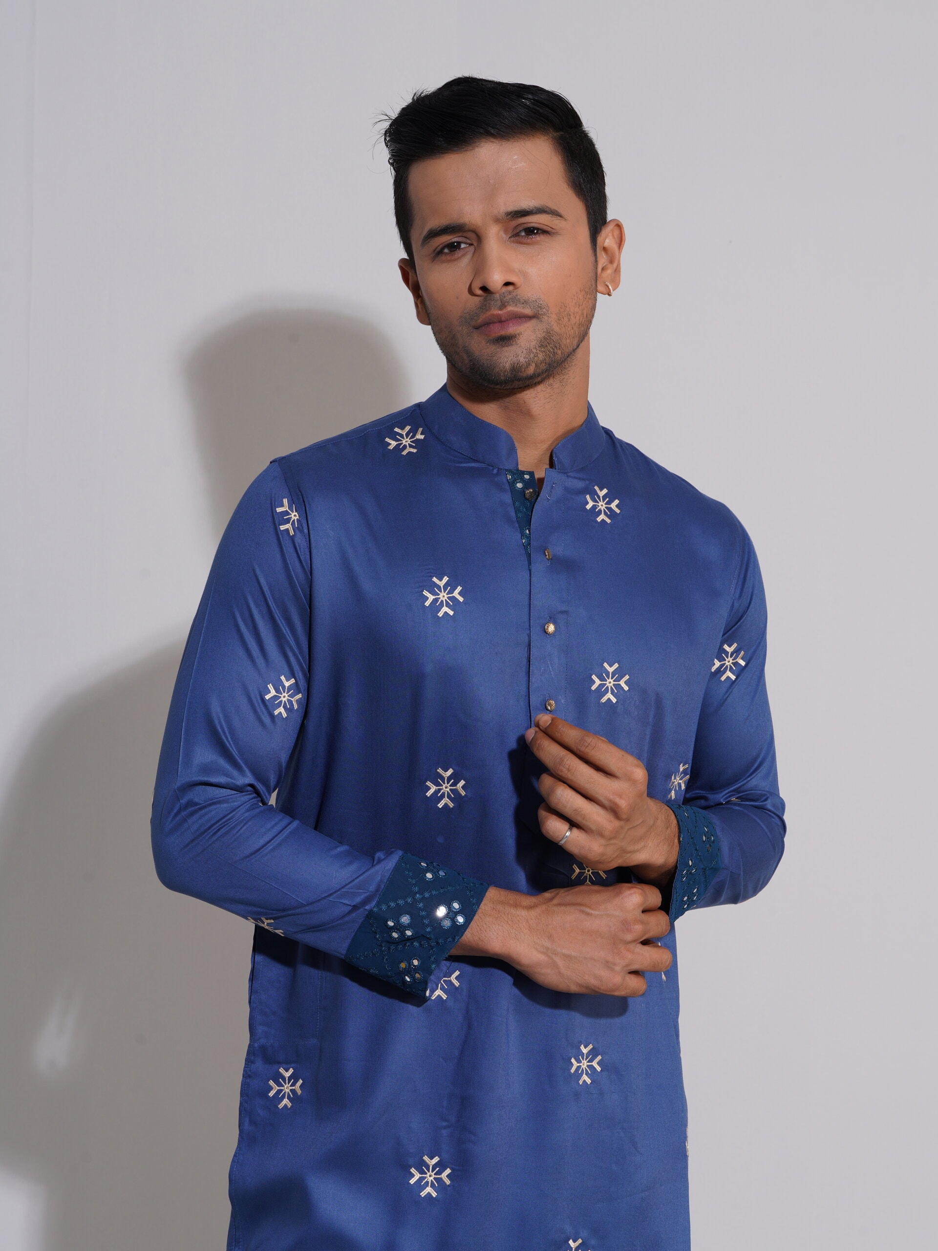 Aman Cotton Embroidery Panjabi for Men - Blue - P12