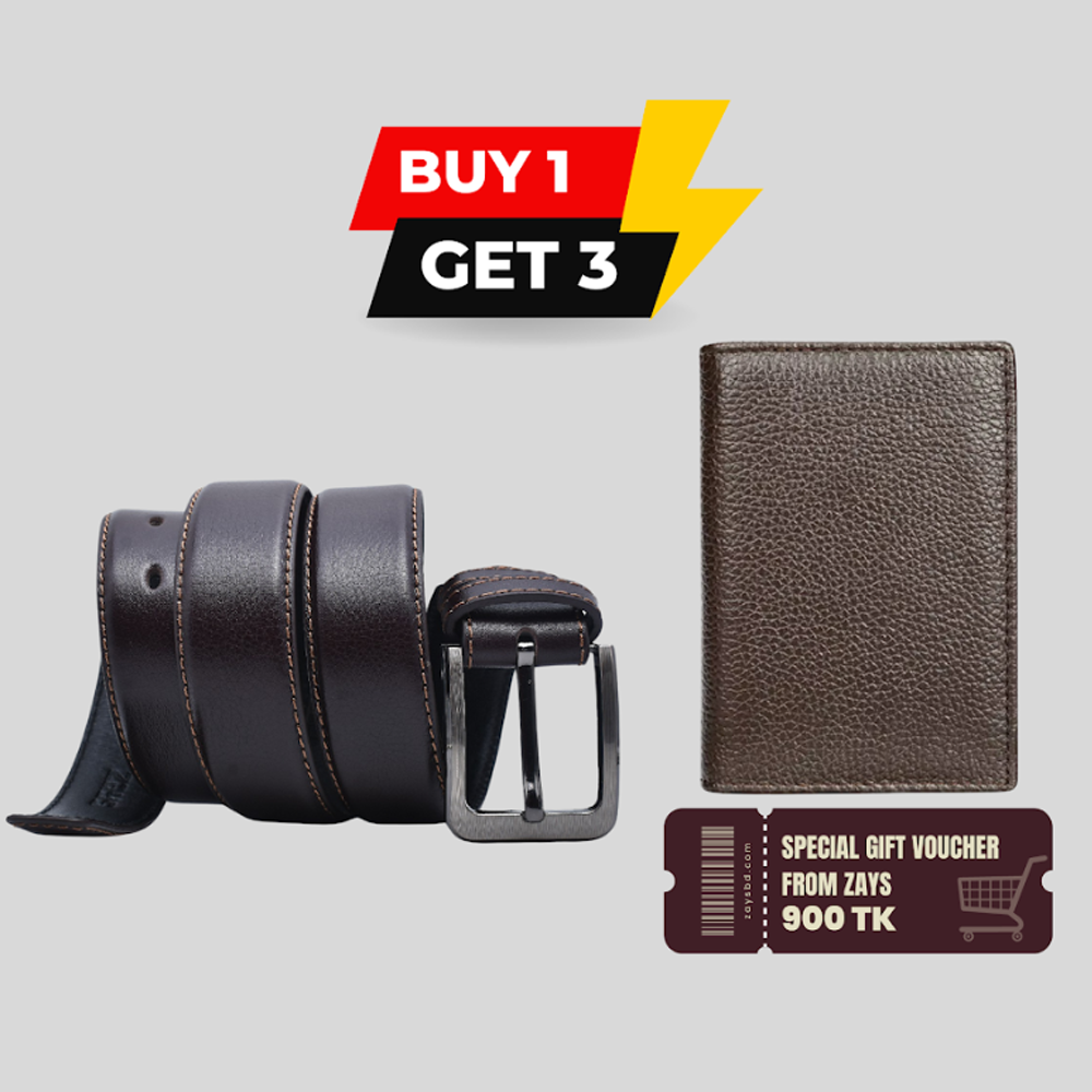 Special B1G3 Offer Buy a Premium Leather Belt and Get Free Card Holder - 900 BDT Gift Voucher From Zays - Limited Time - ZB1G3-110 - Chocolate