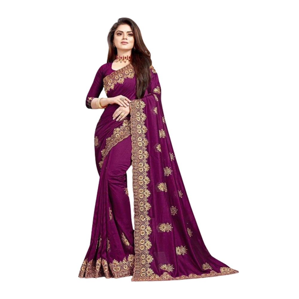 Soft Georgette Embroidery Saree With Blouse Piece For Women - Purple - SJ-22