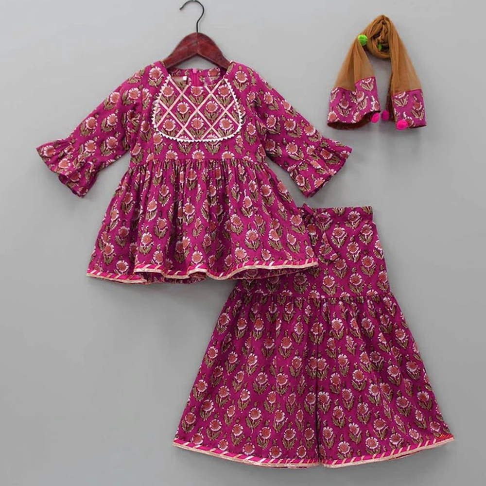 Linen Digital Print Baby Sharara Party Dress for Girls - Maroon - 1906