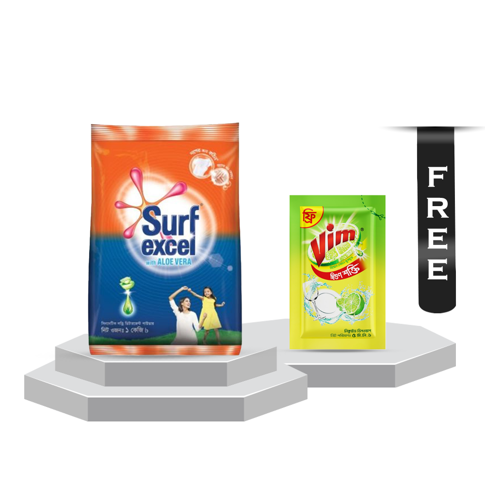 Surf Excel Synthetic Laundry Detergent Powder 1kg Get 18.TK OFF With Vim Liquid Dish Washer - 5ml Free