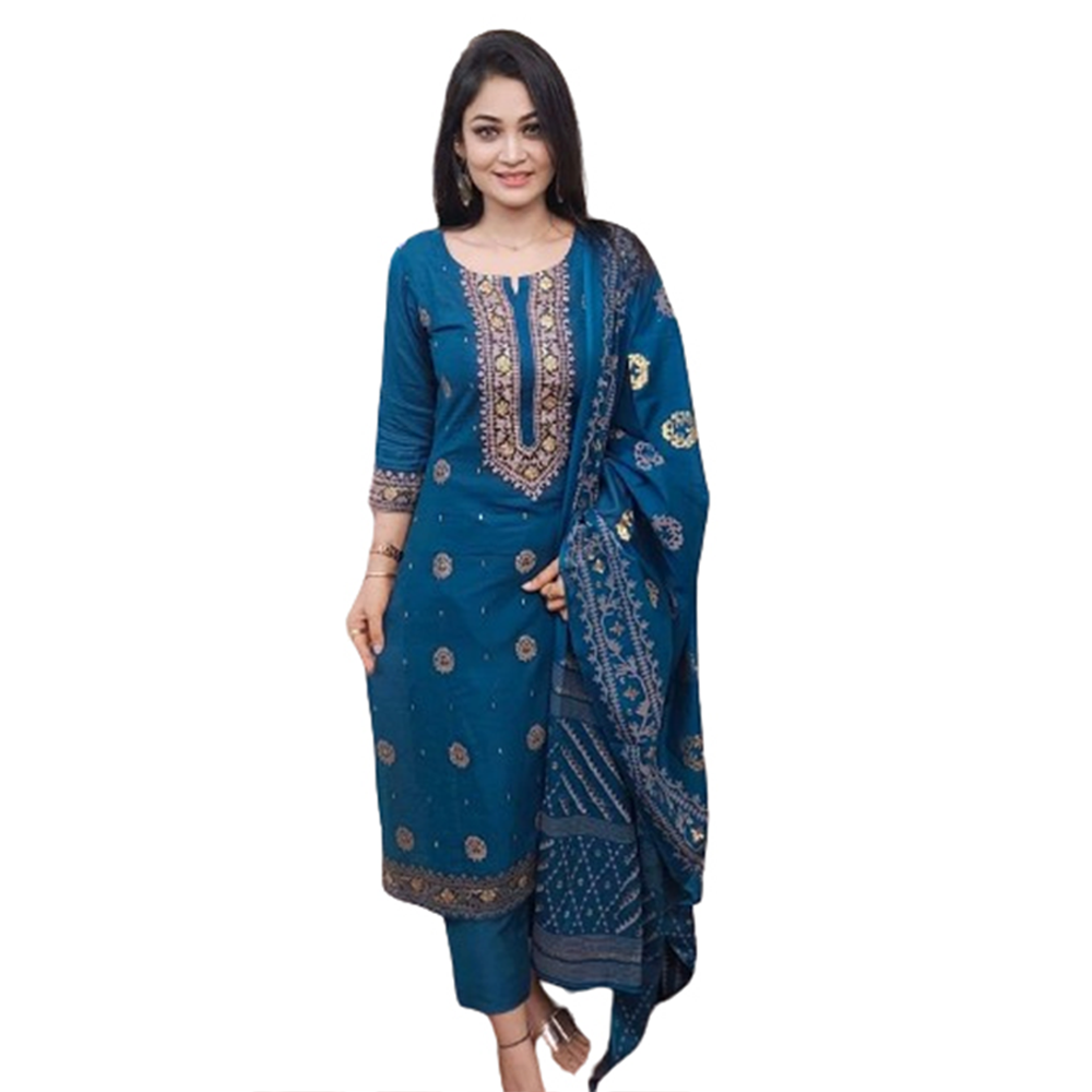 Unstitched Cotton Skin Printed Salwar Kameez For Women - Teal - 3C-109