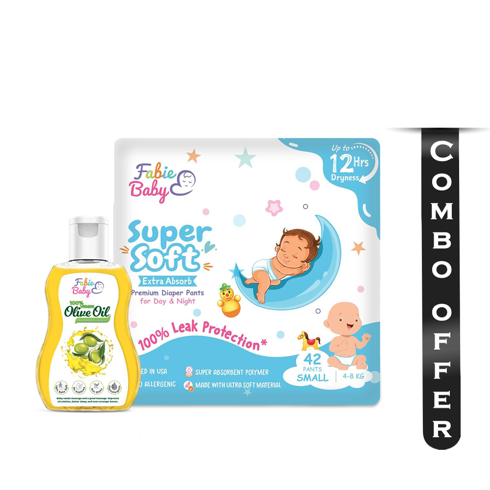Combo of Fabie Baby Supersoft Extra Absorb Premium Diaper Small (4-8 Kg) - 42 Pcs and Olive Oil - 200ml