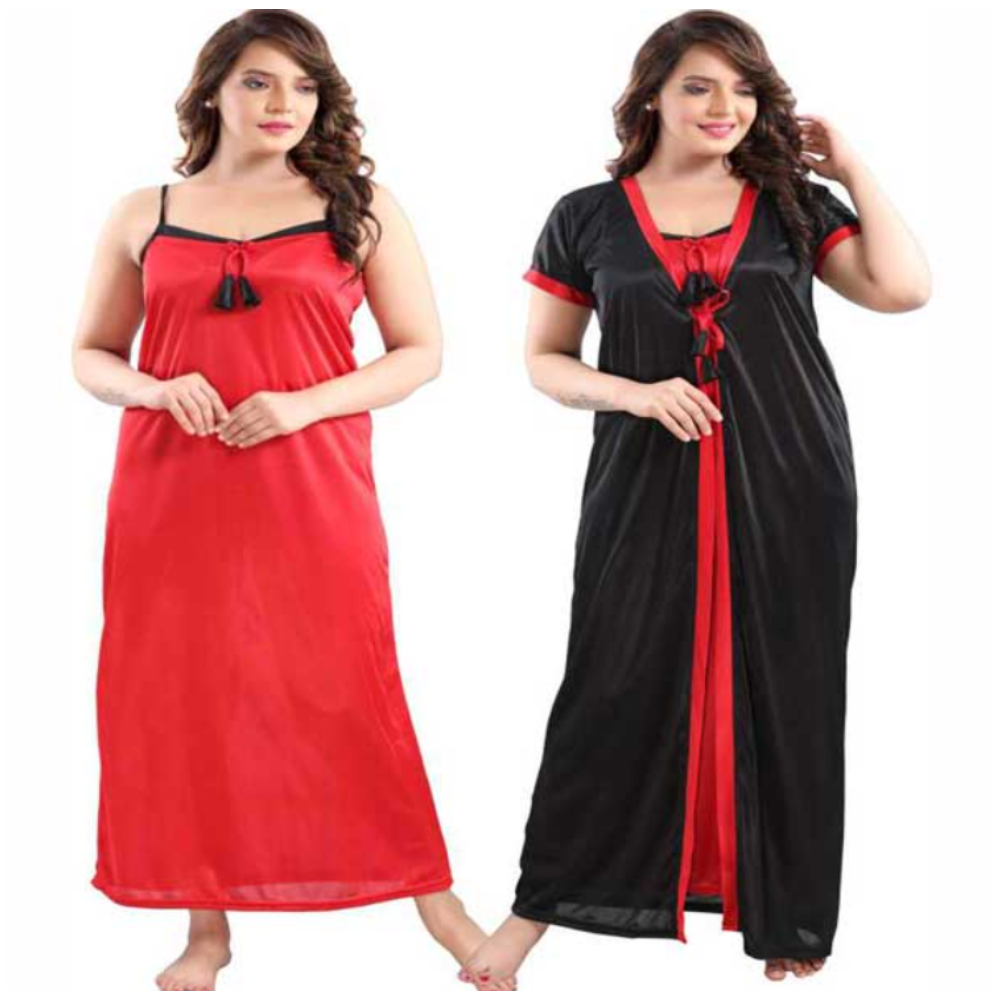 Satin Plain Long 2 part Nighty Dress With Robe - Black And Red - N_3003