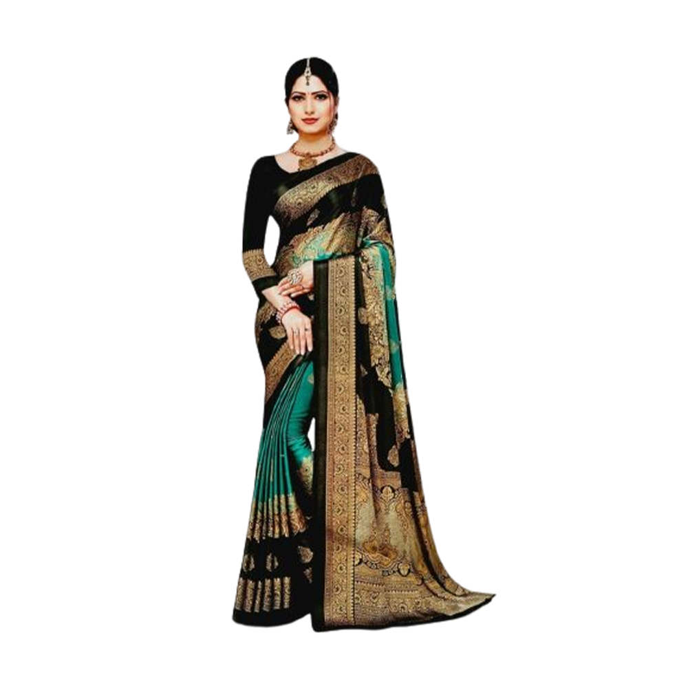 Soft Silk Digital 3D Printed Saree With Blouse Piece - Black And Teal - SS-P18