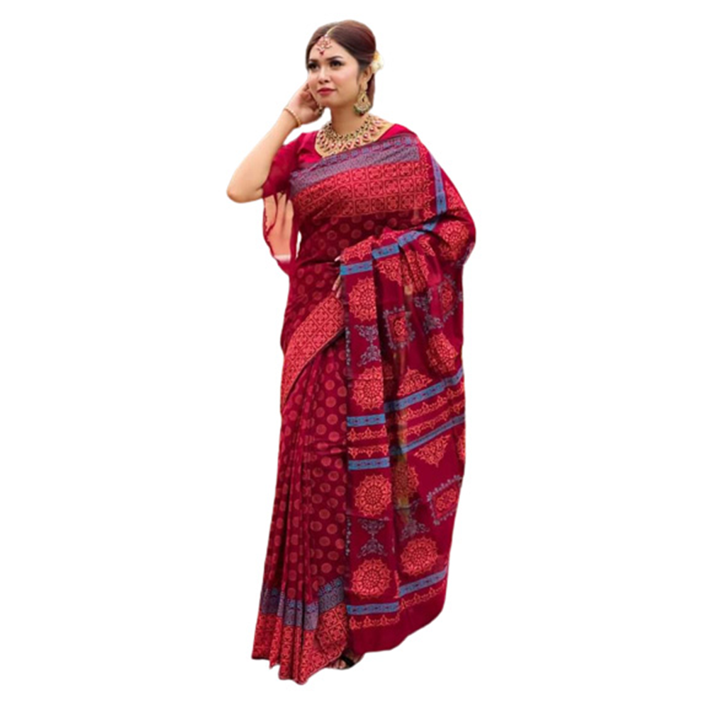 Half Silk Hand Printed Sharee For Women - Multicolor - SP-117