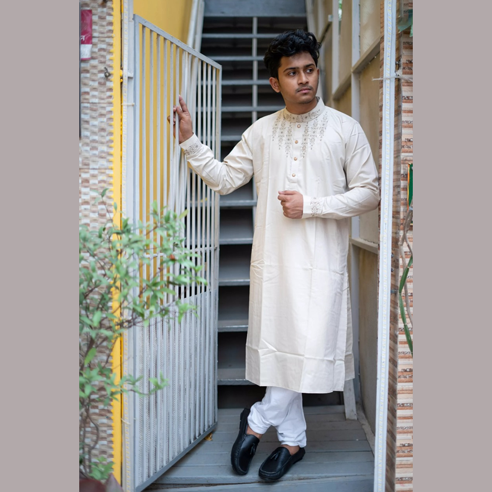 Cotton Embroidered Panjabi for Men - Off White - PH-ST-04