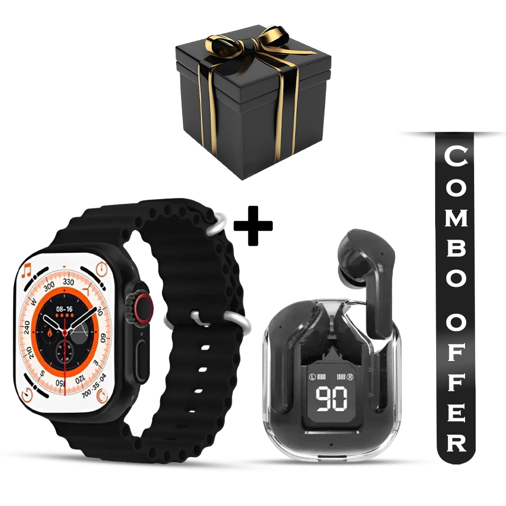 Combo of T900 Ultra Smart Watch and Ultrapods Max Wireless Earbuds - Black with Surprise Box