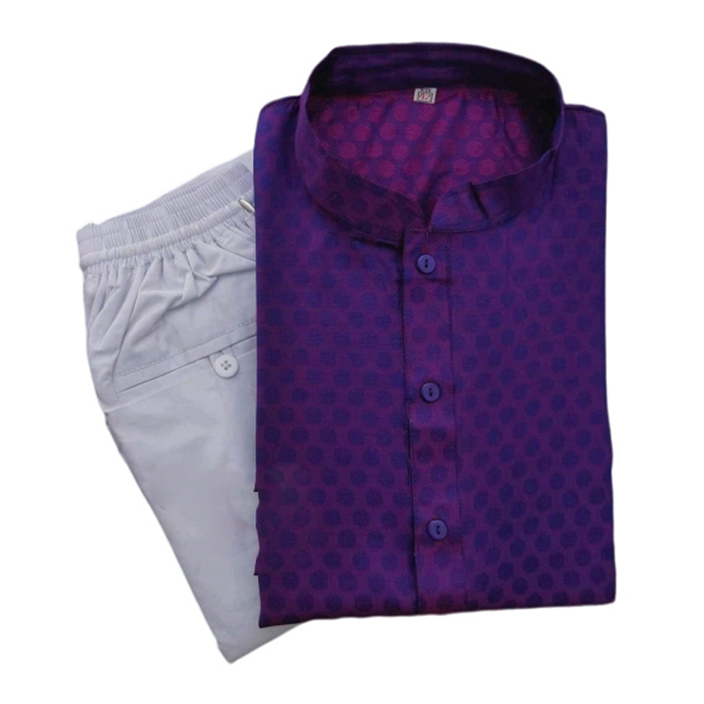 Silk Semi Long Panjabi and Cotton Payjama Set For Men - Purple and White
