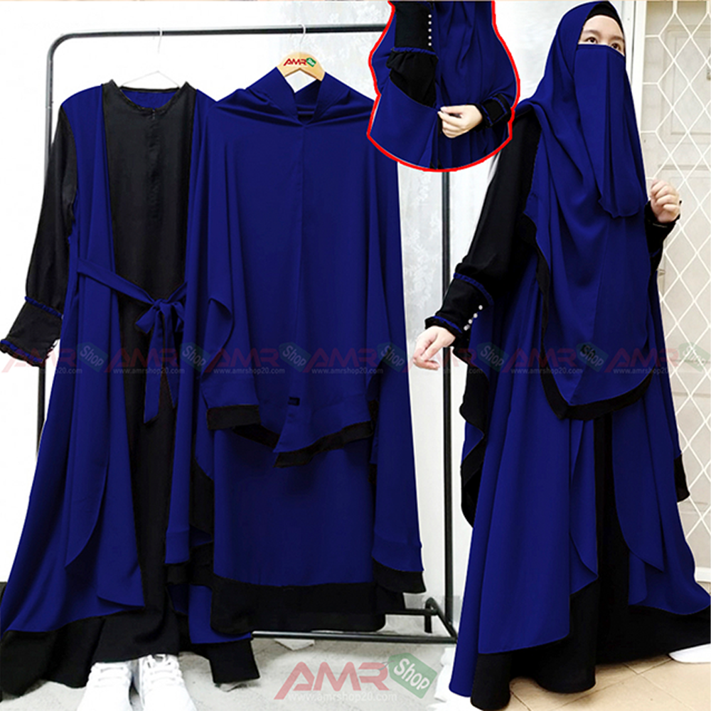 Dubai Cherry Indonesia Hijab Niqab Burkha Set for Women - Blue - B_442