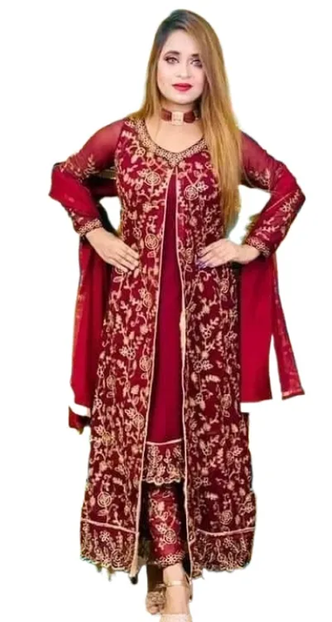 Georgette Embroidery Semi-Stitched Long Koti Salwar Kameez 4 Pcs For Women - Maroon