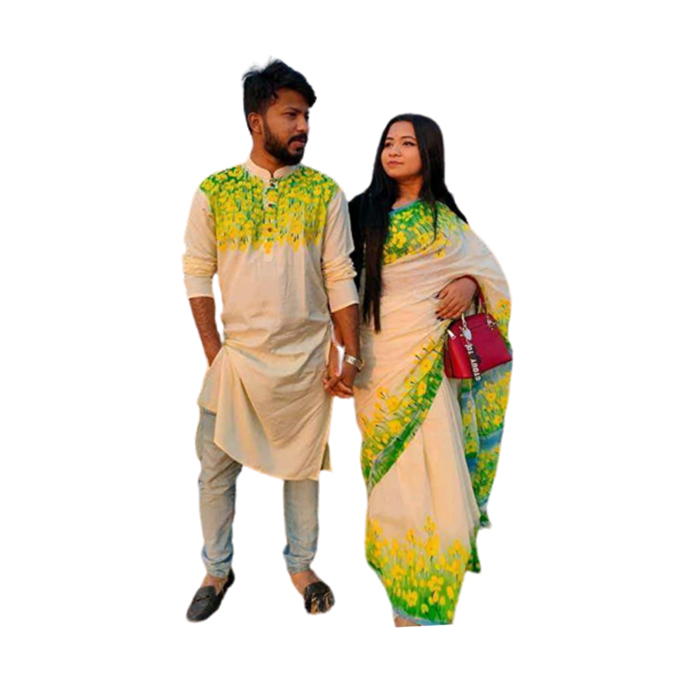 Hand Print Couple Set Saree With Panjabi - White and Green - CS-94