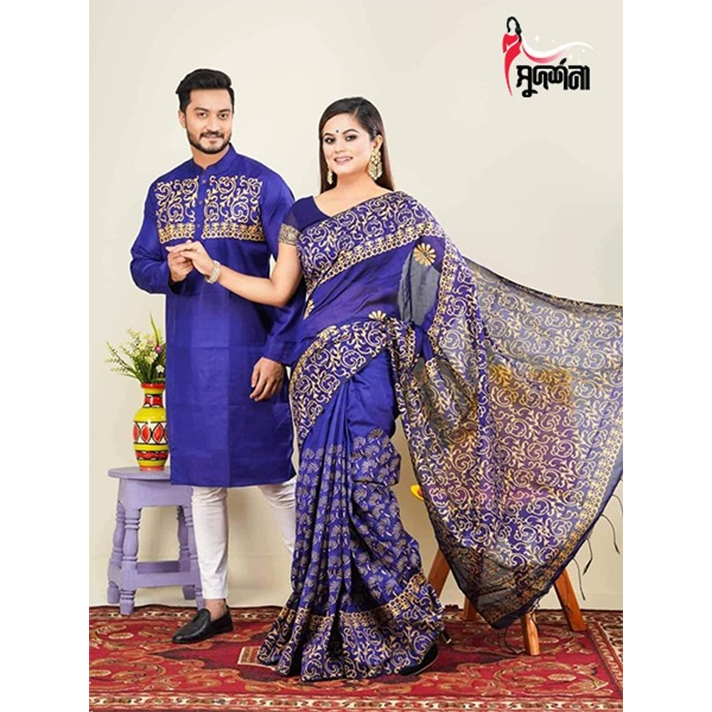 Dhupian Block Print Silk Saree and Dhupian Silk Panjabi for Couple - Multicolor - 0018