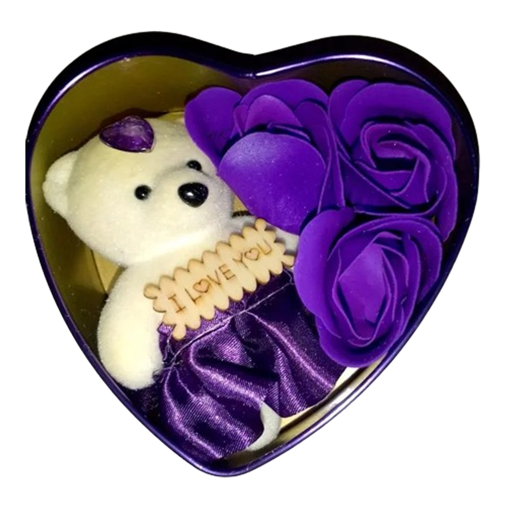 Heart Shaped Gift Box with Teddy and Roses - Blue