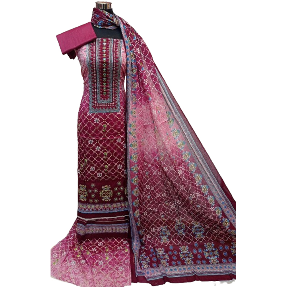 Unstitched Ganga Cotton Embroidery Salwar Kameez For Women - Pink and Maroon- 3R-H5