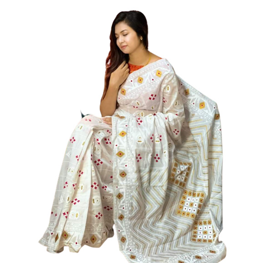 Half Silk Hand Printed Sharee For Women - White - SP-121