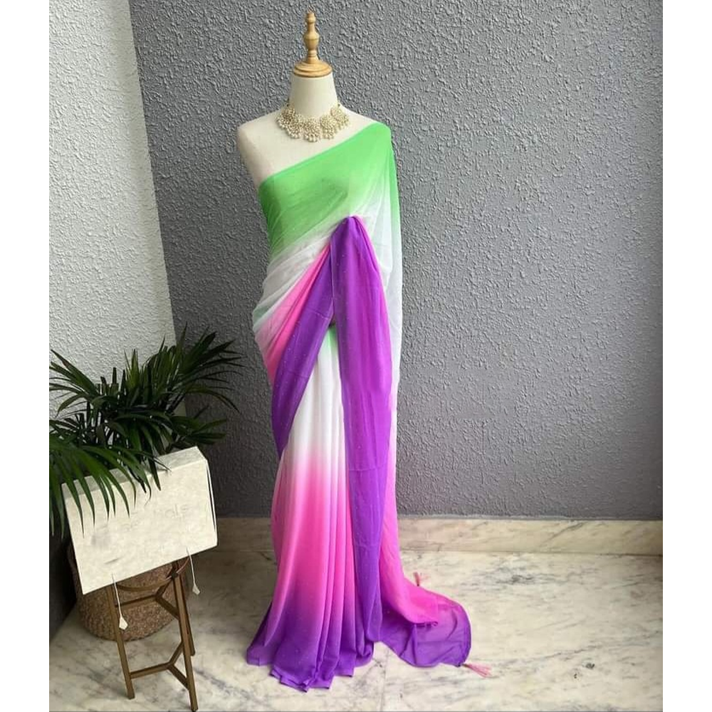 Soft Georgette Digital Print Saree With Blouse Piece For Women - Multicolor - 4colorsd_Purple