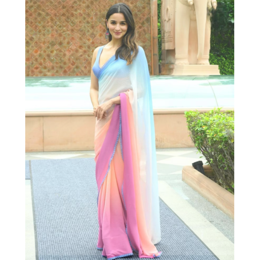 Georgette Saree With Blouse Piece For Women - Pink and Sky Blue - Aliasaree002