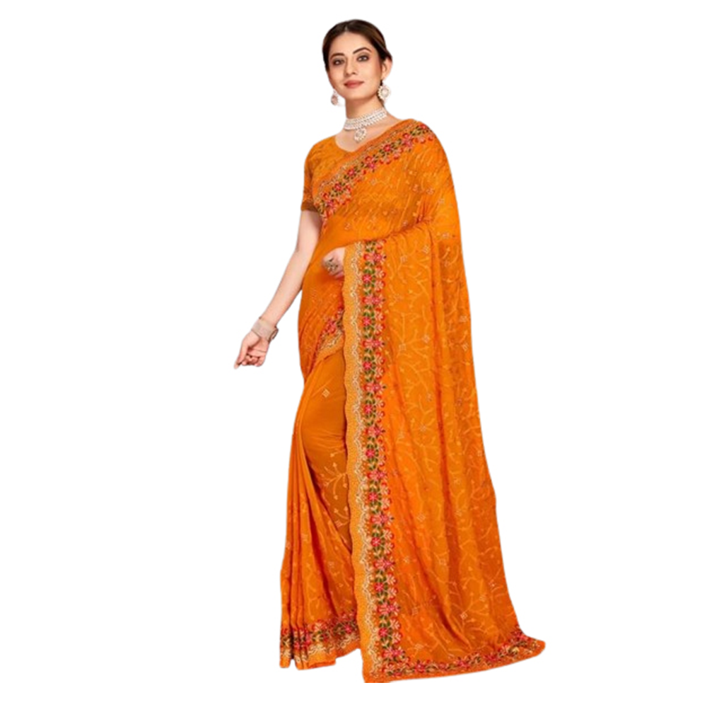 Weightless Georgette Embroidery Saree With Blouse Piece For Women - Orange - SJ-76