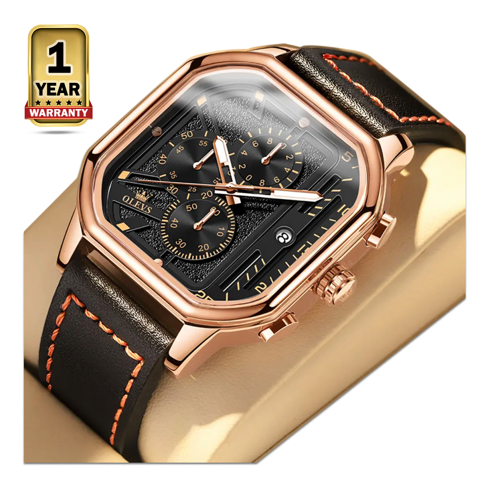 Olevs 9950 Stainless Steel Square Quartz Waterproof Wrist Watch for Men - Rose Gold and Chocolate