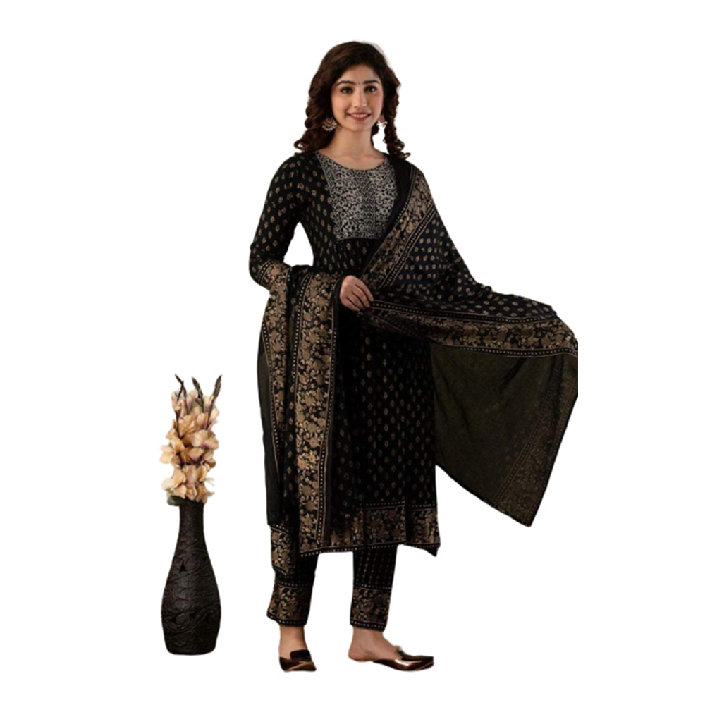 Unstitched Cotton Skin Print Salwar Kameez For Women - Black - 3C-94