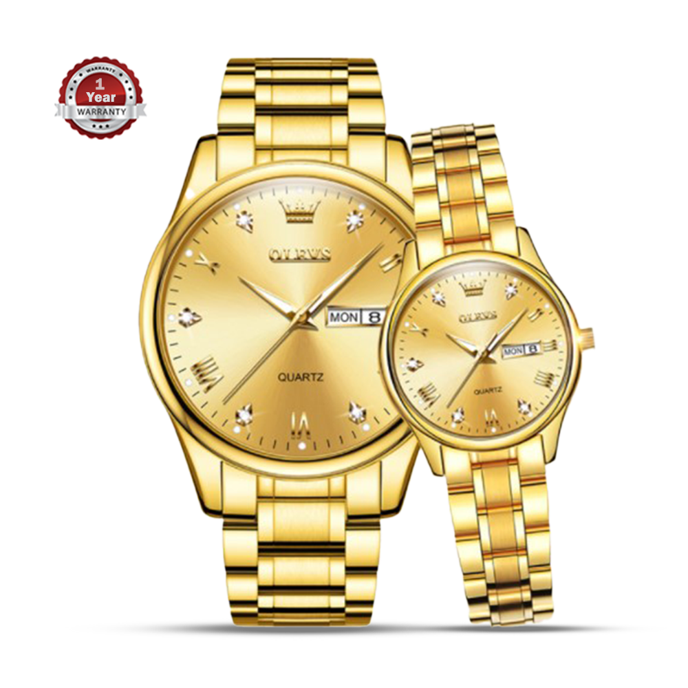 OLEVS 5563 Stainless Steel Analog Wrist Watch For Couple - Golden