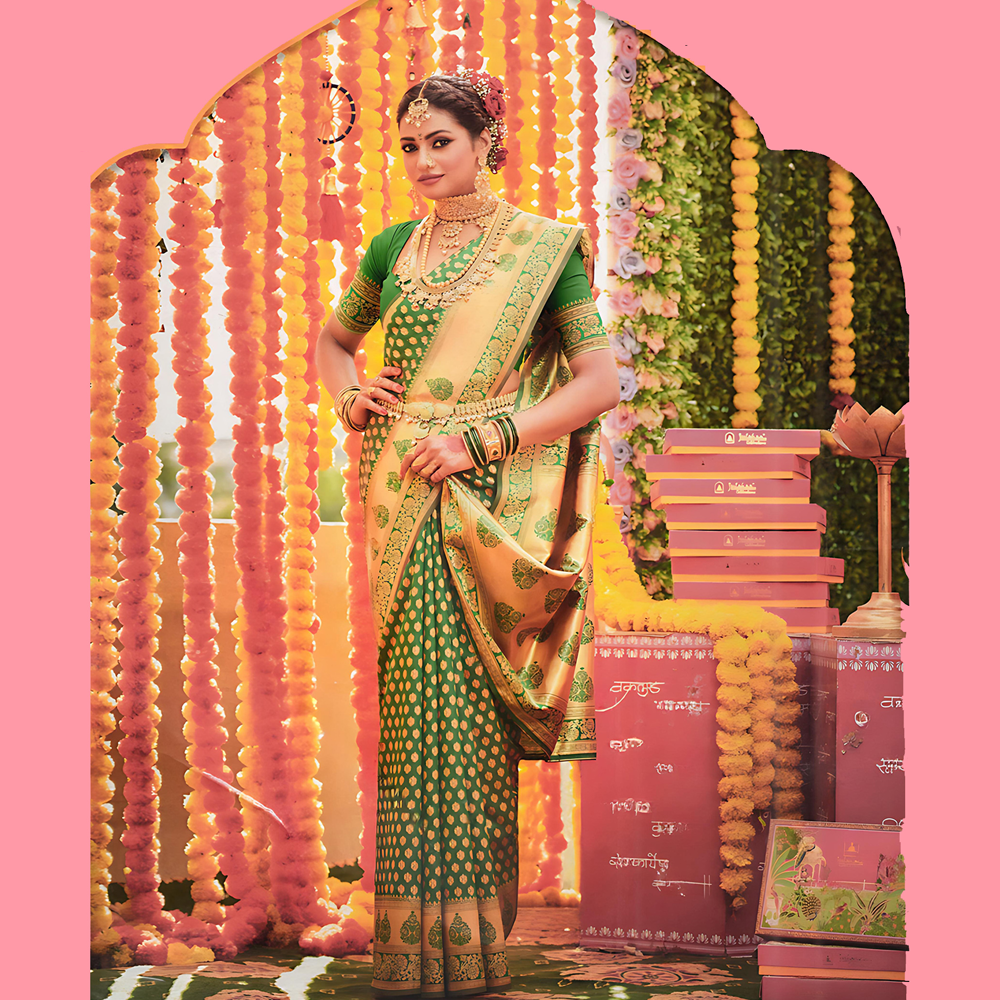 Gujrati Katan Handloom Saree For Women with Blouse Pieces - Green - A630 B