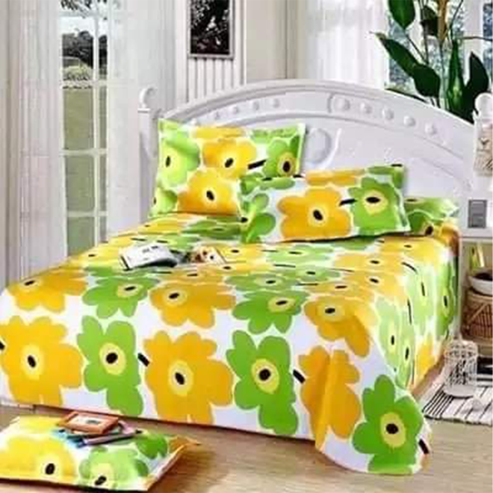 AC Cotton King Size Bedsheet With Pillow Cover - Yellow and Green - NT-211