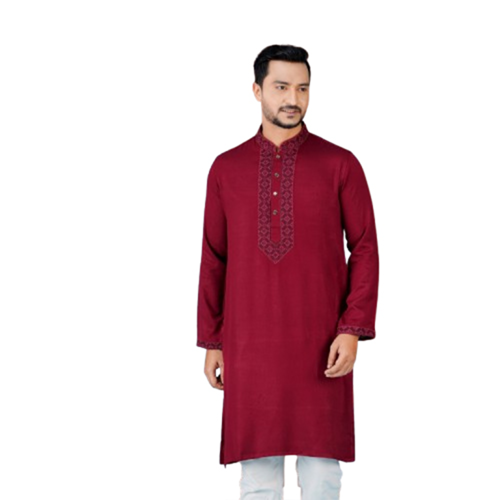 Cotton Embroidery Semi Long Panjabi For Men - Marron - PM-27