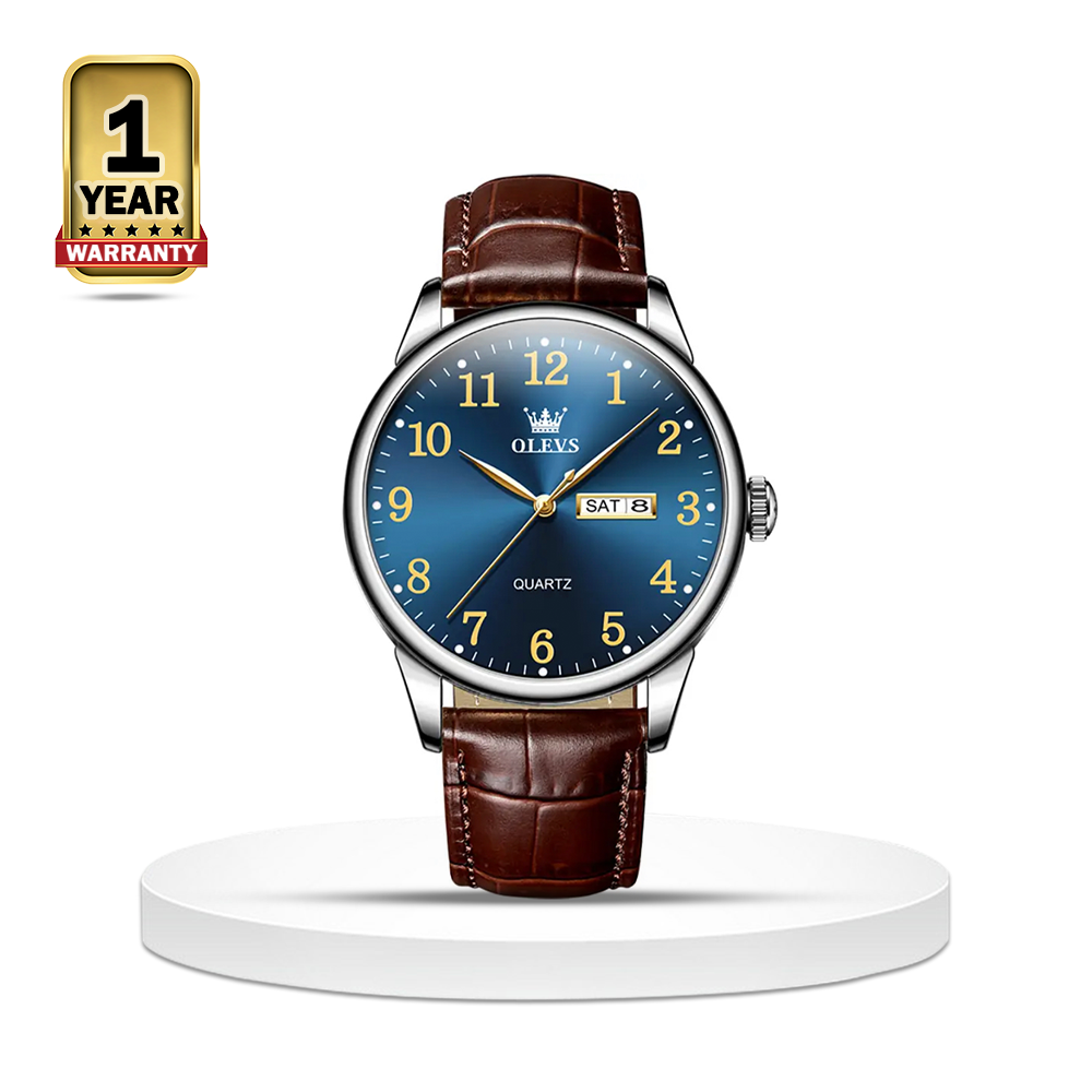 OLEVS 5535 Leather Quartz Wristwatch For Men - Silver and Blue